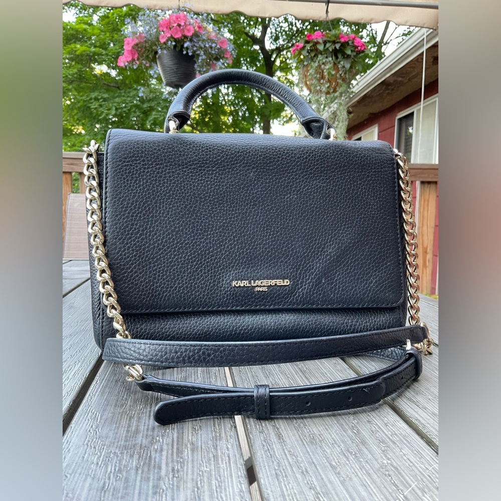 Karl Lagerfeld Paris Marina Top Handle Crossbody Black Leather Bag Gold Chain 👜